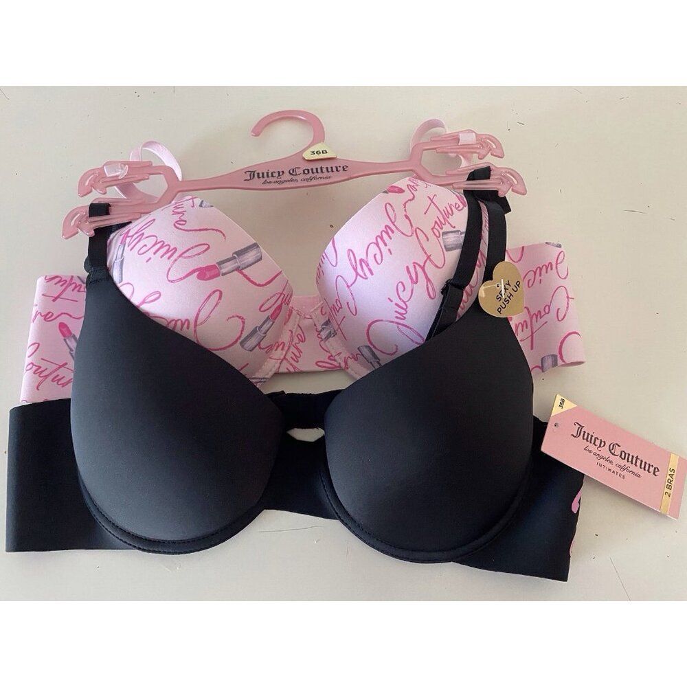 2 Pack Juicy Couture Bra Sz 36B SEXY Push Up JC4530 Lipstick Logo Pink Black NEW